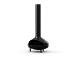Neighbor Totem Chiminea, a sculptural enameled-steel outdoor fireplace with a rounded firebox and tall chimney on tripod legs in black enamel finish, three-quarter angle view.