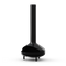 Neighbor Totem Chiminea, a sculptural enameled-steel outdoor fireplace with a rounded firebox and tall chimney on tripod legs in black enamel finish, three-quarter angle view.