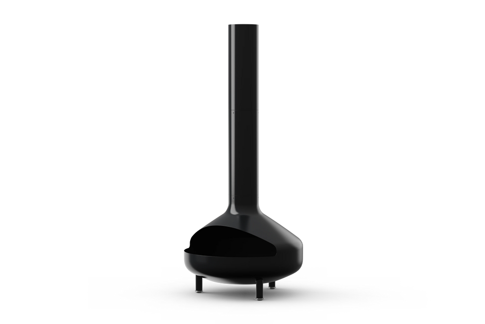 Neighbor Totem Chiminea, a sculptural enameled-steel outdoor fireplace with a rounded firebox and tall chimney on tripod legs in black enamel finish, three-quarter angle view.
