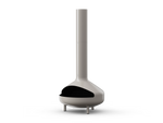 Neighbor Totem Chiminea, a sculptural enameled-steel outdoor fireplace with a rounded firebox and tall chimney on tripod legs in mushroom greige enamel finish, three-quarter angle view.