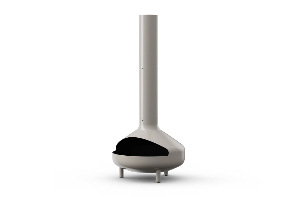Neighbor Totem Chiminea, a sculptural enameled-steel outdoor fireplace with a rounded firebox and tall chimney on tripod legs in mushroom greige enamel finish, three-quarter angle view.