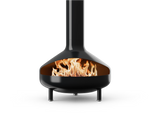 Neighbor Totem Chiminea, a sculptural enameled-steel outdoor fireplace with a rounded firebox and tall chimney on tripod legs in black enamel finish, front view with logs burning inside the firebox.