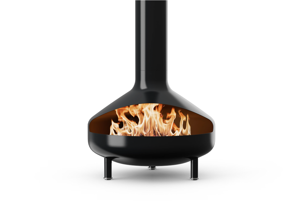 Neighbor Totem Chiminea, a sculptural enameled-steel outdoor fireplace with a rounded firebox and tall chimney on tripod legs in black enamel finish, front view with logs burning inside the firebox.