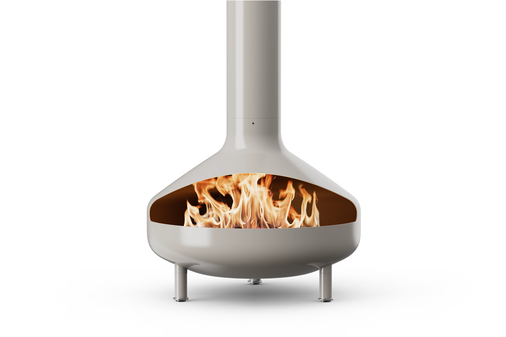 Neighbor Totem Chiminea, a sculptural enameled-steel outdoor fireplace with a rounded firebox and tall chimney on tripod legs in mushroom greige enamel finish, front view with logs burning inside the firebox.