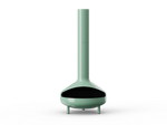 Neighbor Totem Chiminea, a sculptural enameled-steel outdoor fireplace with a rounded firebox and tall chimney on tripod legs in agave sage green enamel finish, front view.