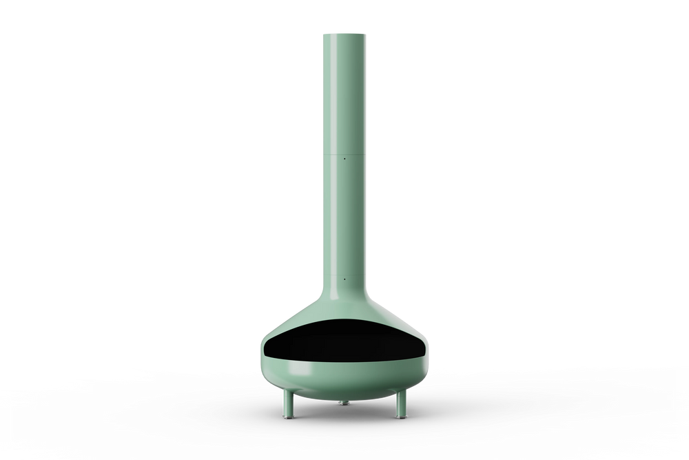 Neighbor Totem Chiminea, a sculptural enameled-steel outdoor fireplace with a rounded firebox and tall chimney on tripod legs in agave sage green enamel finish, front view.