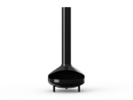 Neighbor Totem Chiminea, a sculptural enameled-steel outdoor fireplace with a rounded firebox and tall chimney on tripod legs in black enamel finish, front view.