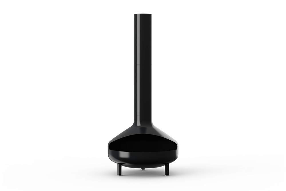 Neighbor Totem Chiminea, a sculptural enameled-steel outdoor fireplace with a rounded firebox and tall chimney on tripod legs in black enamel finish, front view.