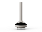 Neighbor Totem Chiminea, a sculptural enameled-steel outdoor fireplace with a rounded firebox and tall chimney on tripod legs in mushroom greige enamel finish, front view.