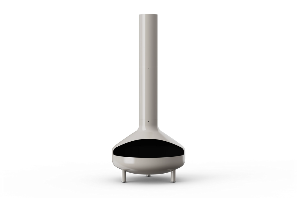 Neighbor Totem Chiminea, a sculptural enameled-steel outdoor fireplace with a rounded firebox and tall chimney on tripod legs in mushroom greige enamel finish, front view.