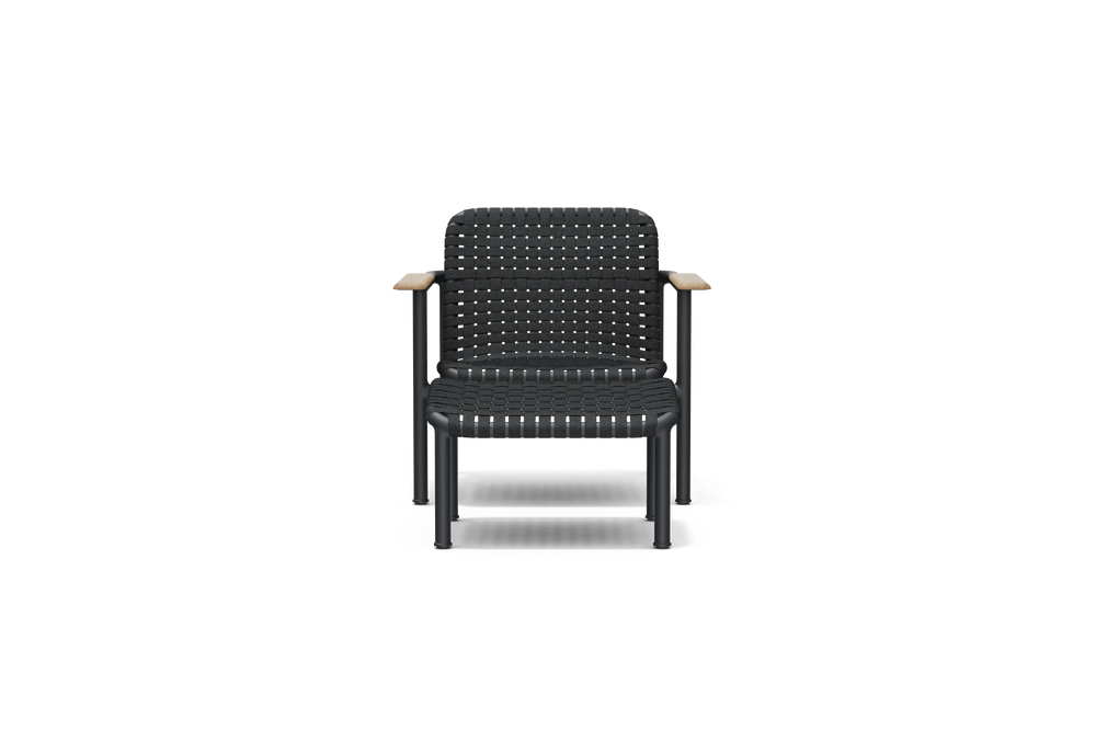 Neighbor Up-Down Chair shown together with the matching Up-Down Ottoman in charcoal black, front view.