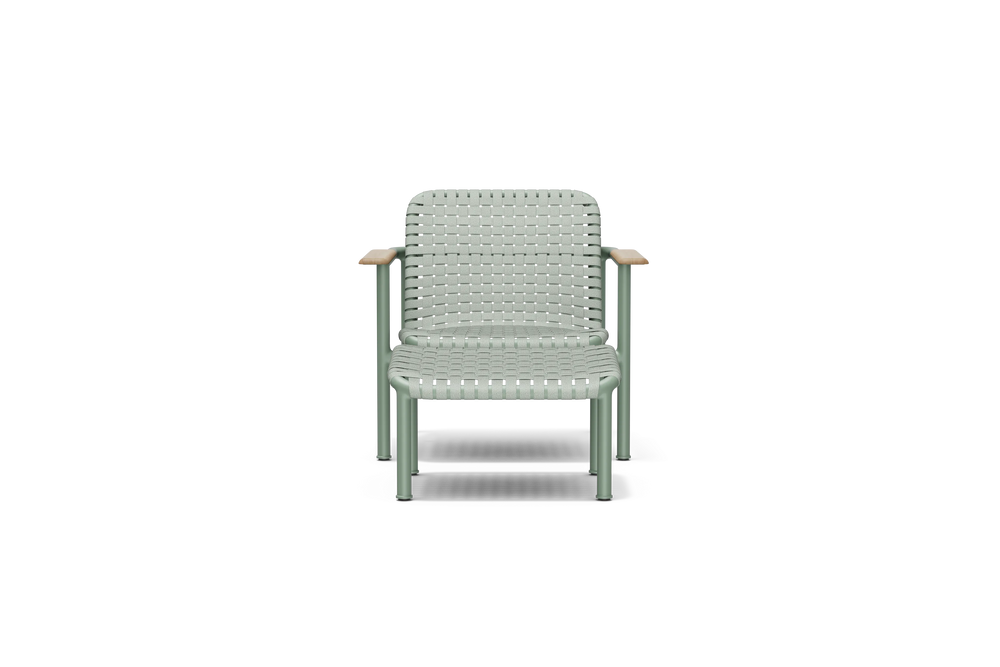 Neighbor Up-Down Chair shown together with the matching Up-Down Ottoman in juniper green-blue, front view.