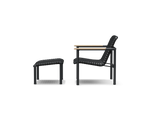 Neighbor Up-Down Chair shown together with the matching Up-Down Ottoman in charcoal black, side profile view.