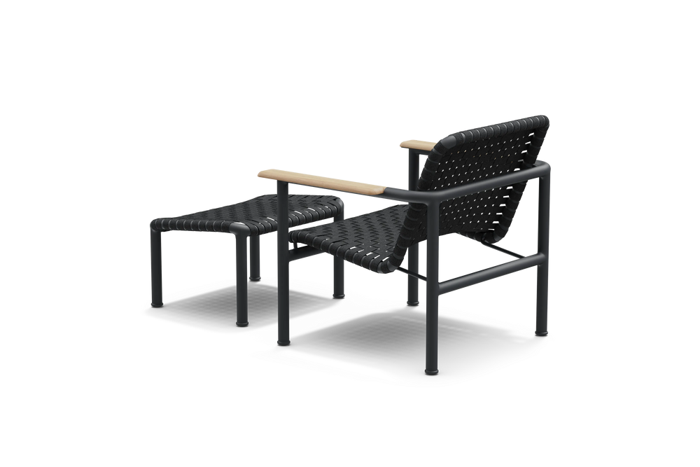 Neighbor Up-Down Chair shown together with the matching Up-Down Ottoman in charcoal black, rear view.