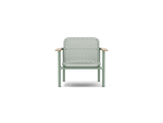 Neighbor Up-Down Chair, a woven-strap lounge chair on a powder-coated steel frame with natural wood armrests in juniper green-blue, front view.