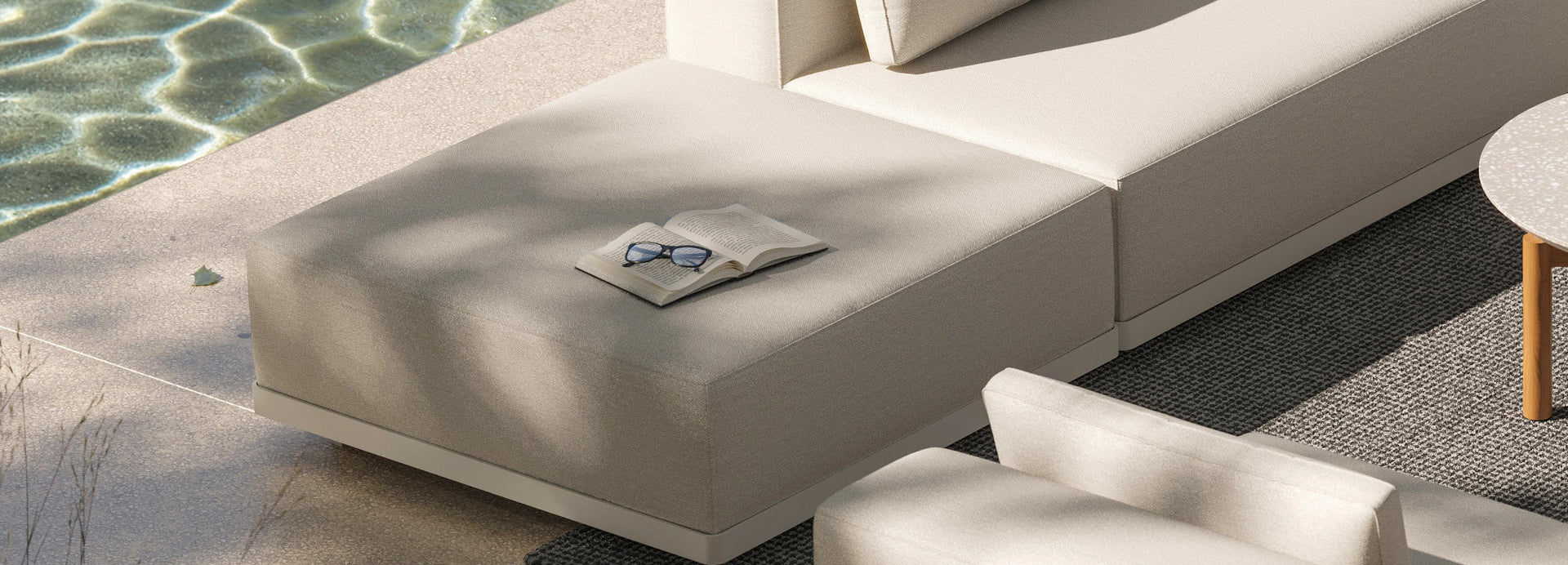 Workaround Ottoman - White | Sunbrella Nurture Pebble, alternate view