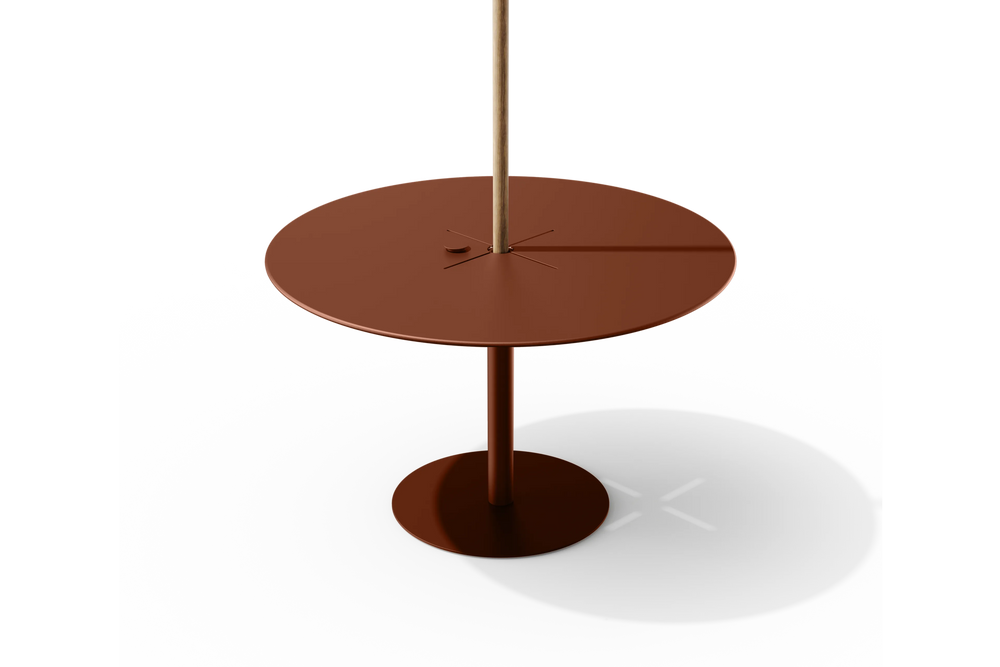 XY Round Dining Table, with umbrella hole, in Rust