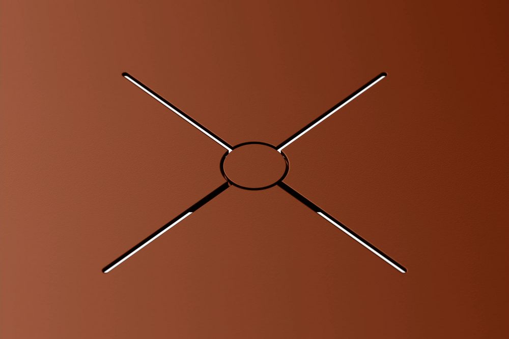 XY Round Dining Table, in Rust, X-frame detail view