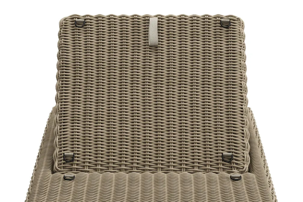 Tight detail product shot of the back of a Neighbor Roundabout Sun Lounger showing the taupe-gray resin-wicker backrest panel locked at a flat angle, with the painted-steel ratchet pull-strap visible at top, isolated on a white background.