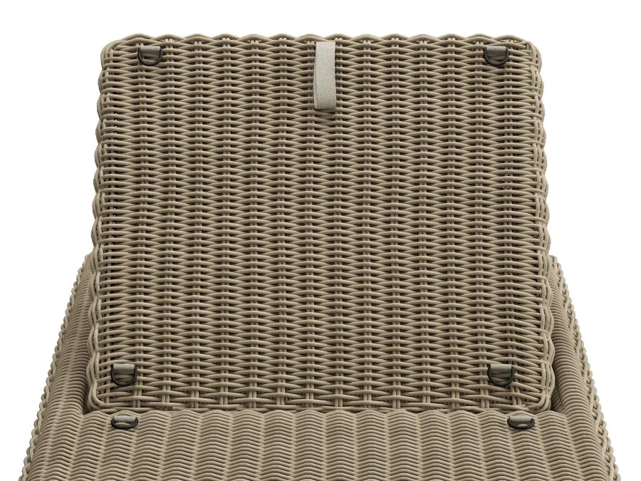 Tight detail product shot of the back of a Neighbor Roundabout Sun Lounger showing the taupe-gray resin-wicker backrest panel locked at a flat angle, with the painted-steel ratchet pull-strap visible at top, isolated on a white background.