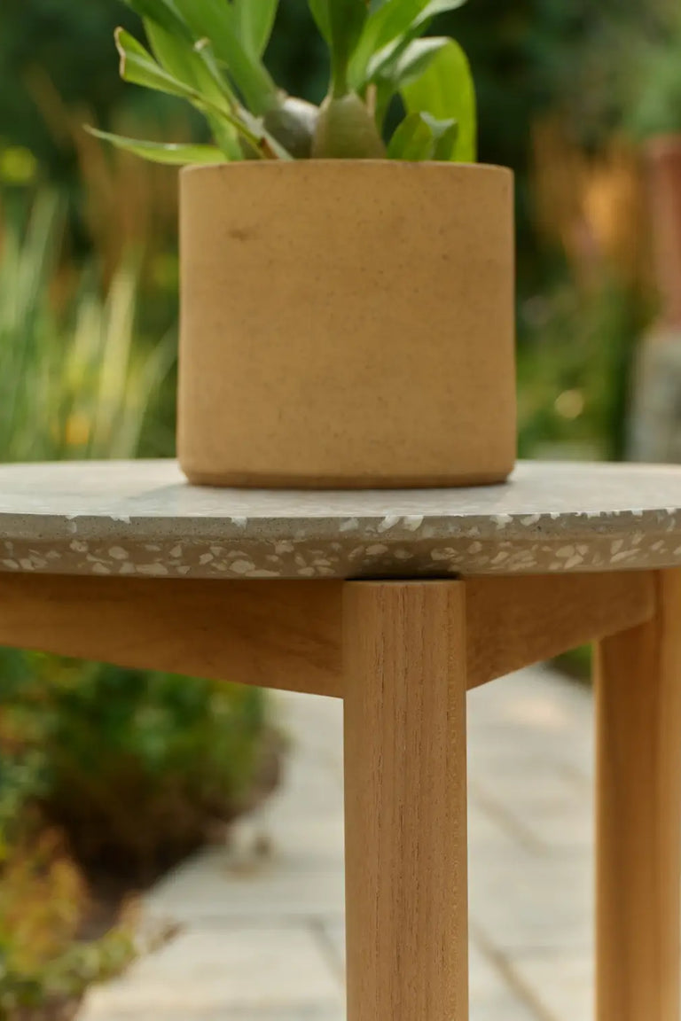 A small potted plant on a round concrete-topped side table with teak legs, with a stone garden path blurred in the background.