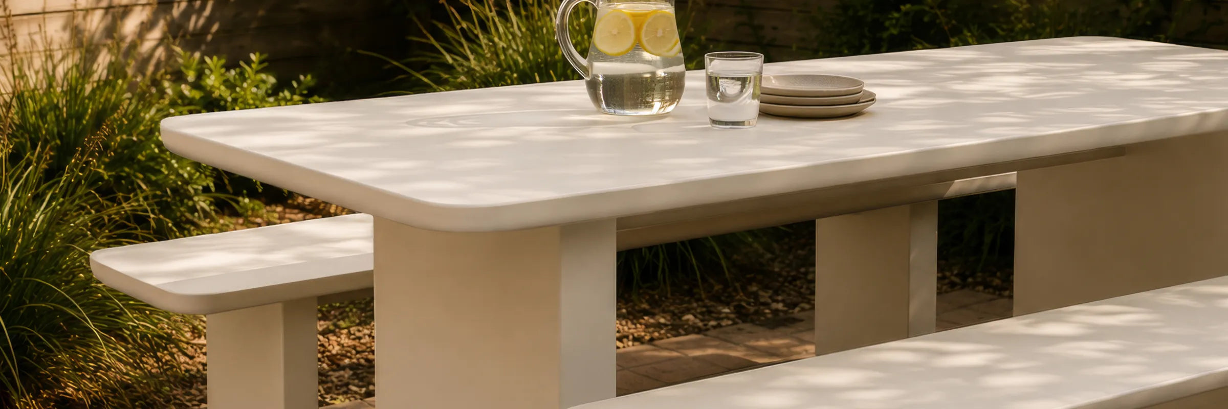 Angled view of the Massif Dining Set, an ivory concrete composite table with rounded corners and two integrated benches.