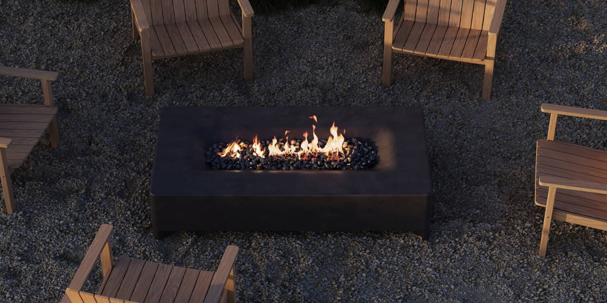 Neighbor rectangular fire pit table in a backyard surrounded by teak Adirondack chairs