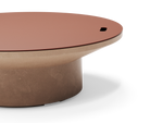 Neighbor Brim Fire Table in Canyon, close-up of the terracotta cover resting on the fire bowl rim above the cylindrical base.