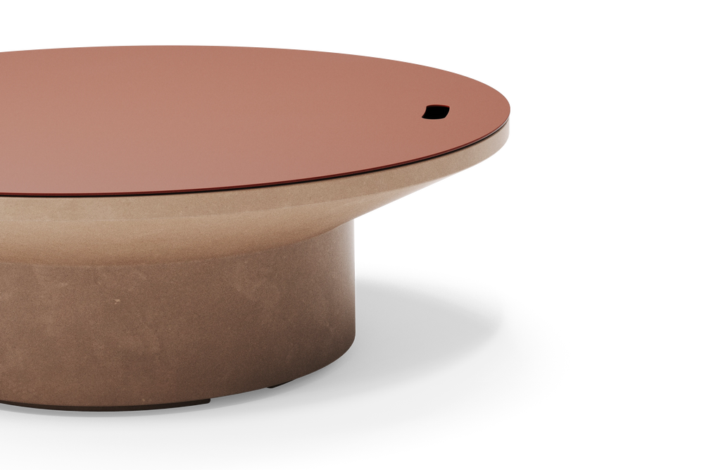 Neighbor Brim Fire Table in Canyon, close-up of the terracotta cover resting on the fire bowl rim above the cylindrical base.