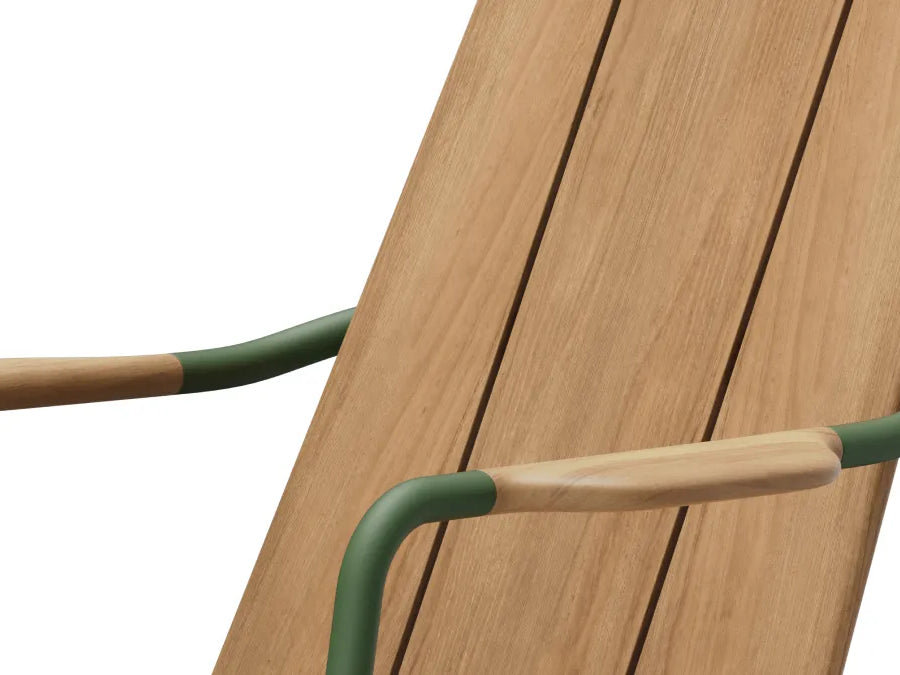 Close-up of Hopper Chair's wooden slat backrest with metal armrest, showcasing wood texture and frame construction